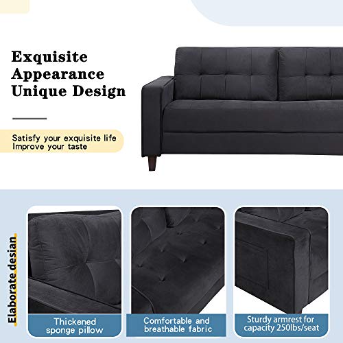 Harper & Bright Designs 3-Piece Living Room Sectional Sofa Set with Side Pockets, Modern Style Button Tufted Velvet Upholstered Armchair Loveseat Sofa and Three Seat Sofa Set Sectional Couch, Black