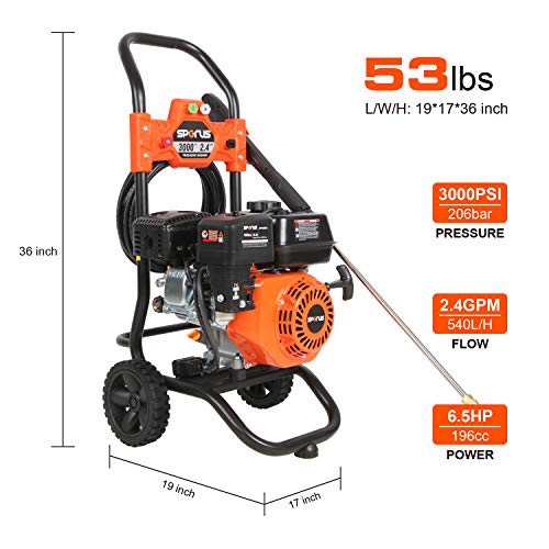 SPERUS Gas Pressure Washer 3000 PSI and 2.4 GPM, 6.5HP Power Washer Gas Powered with Four Nozzle Set, 25ft Hose, CARB Compliant