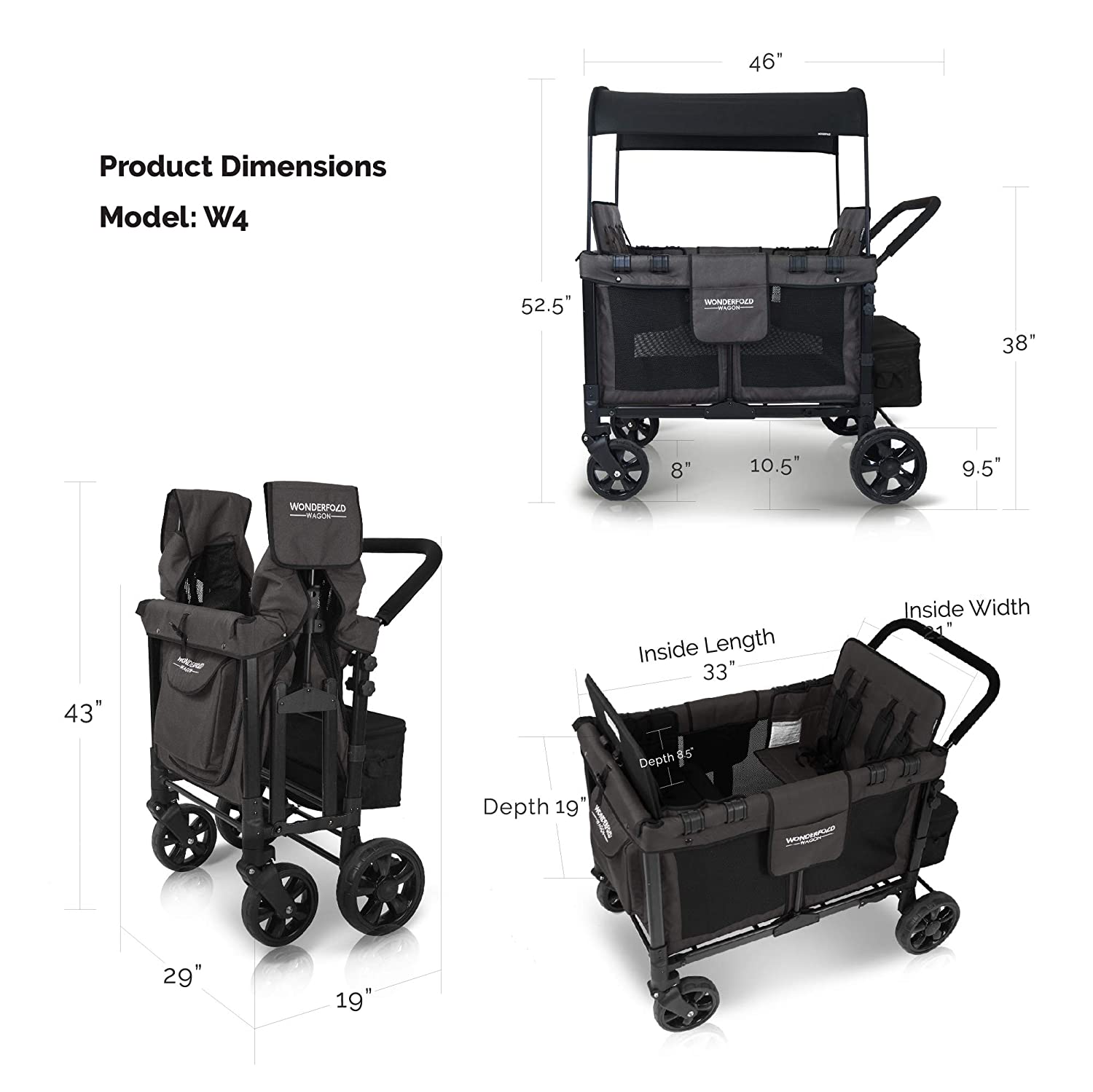 WonderFold W4 Elite Push/Pull 4-Passenger Quad Stroller Wagon Black New