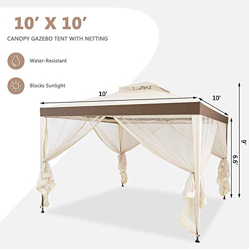 MTTLS 10x10FT Patio Canopy Gazebo with Double Tiered Roof, Outdoor Tent Shelter Garden Party Tent with Removable Mesh Side Walls Net for Patio Lawn or Deck