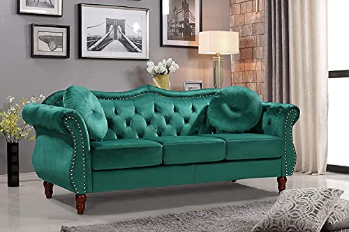 Container Furniture Direct Anna1 Velvet Upholstered Classic Nailhead Chesterfield Living Room, Sofa, Pine Green