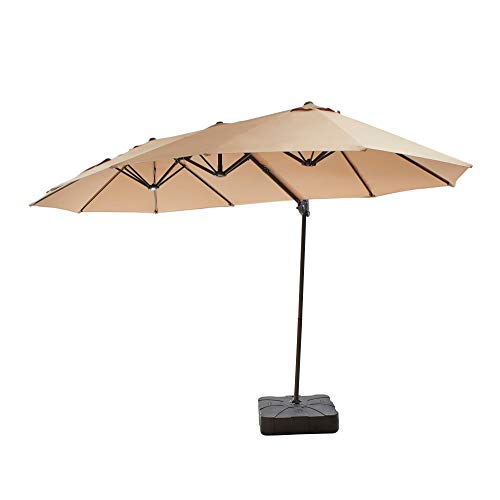 LOKATSE HOME 14.4 Ft Twin Head Outdoor Patio Market Large Rectangular Cantilever Hanging Umbrella with Crank & Weighted Base Stand, Set, Khaki