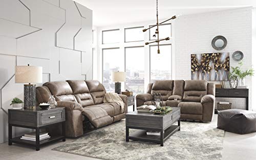 Signature Design by Ashley Stoneland Faux Leather Manual Double Reclining Loveseat with Center Console, Light Brown