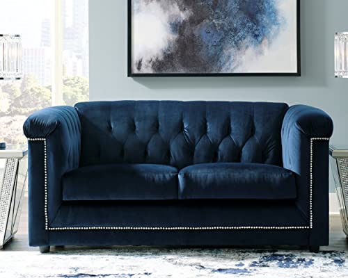 Signature Design by Ashley Josanna Glam Tufted Velvet Loveseat, Navy Blue