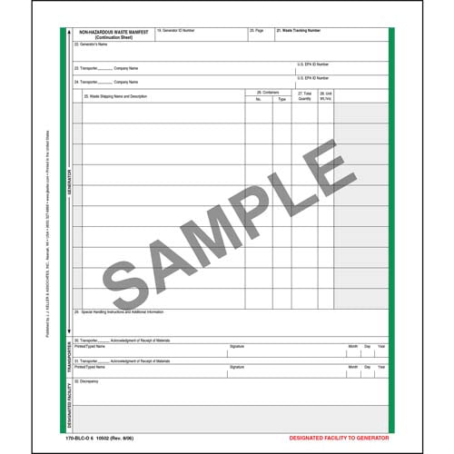 JJ Keller 6 Ply Non-Hazardous Waste Manifest Continuation Sheet Pin-Feed Format (Pack of 500)