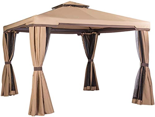 Skiway 10'x 10' Outdoor Gazebo Canopy Patio Tent Shelter with Double Square Tops and Mosquito Netting (Beige)