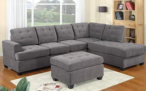 Merax Sectional Sofa Set, Upholstered Microfiber Cushion Padded 3-Seat Sofa with Nonreversible Chaise Lounge, Storage Ottoman, and 6 Pillows, Ideal Home Furniture for Living Room
