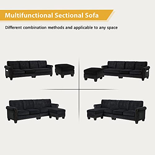 LUMISOL Velvet Sofa Couch with Rolled Arm L-Shaped Convertible Sectional Sofa with Ottoman and Nailhead Trim,Black