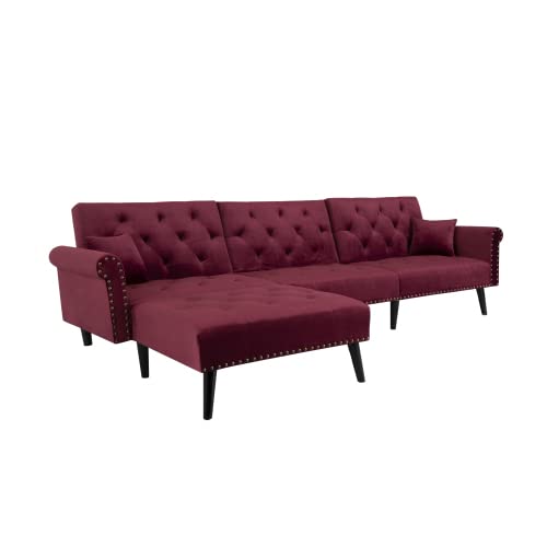 L-Shaped Velvet Sectional Sofa Bed, 4-Seating Living Room Convertible Sleeper Futon Couch Chaise with Solid Wood Legs (Red)