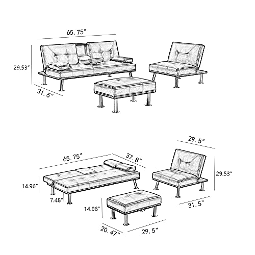 Takefuns 3 Pieces Convertible Sectional Sofa Set, Faux Leather Upholstered Sofa Bed with Two Cup Holders and Ottoman, Modern Living Room Sofa Furniture Set, Black