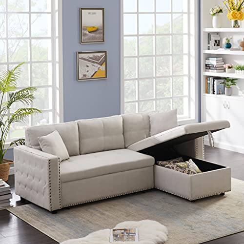 MAFOROB Reversible Sleeper Sectional Sofa with Pull Out Bed L-Shape 3 Seat Couch with Storage Chaise, 91.5 inch, Gray