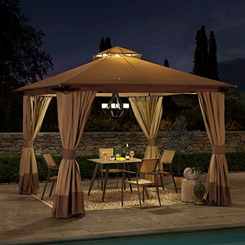 Sunjoy A101011700 Cristina 12x12 ft. Steel Gazebo with 2-Tier Hip Roof, Tan and Brown