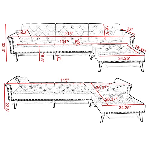 TENNTOU Sectional Futon Sofa Bed, Double Convertible Mid-Century Upholstered L Shape Sectional Sofa with Reversible Reclining Sofa for Living Room Pink Velvet