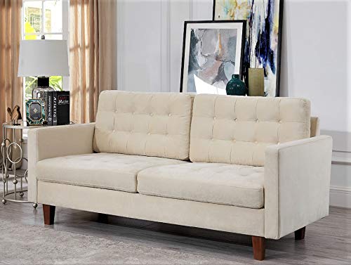 Container Furniture Direct Brittany Mid Century Modern 3 Seater Living Room Velvet Sofa Set, 2 Piece, Ivory