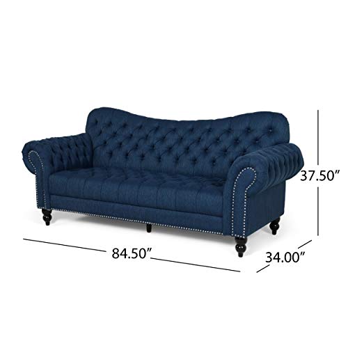 Christopher Knight Home Nathan Chesterfield Button Tufted Fabric 3 Seater Sofa, Navy Blue, Dark Brown