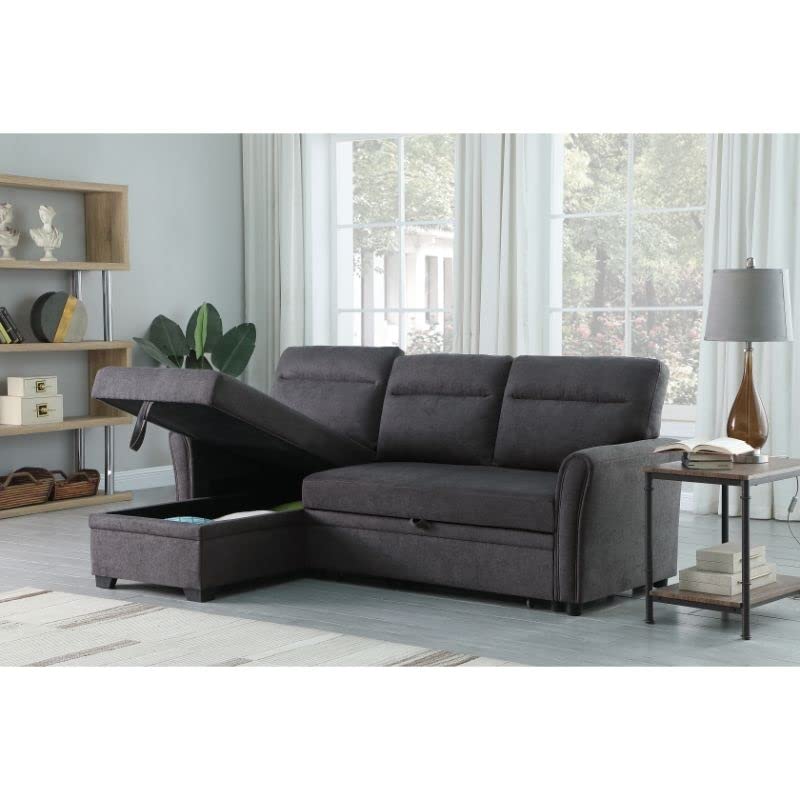 BOWERY HILL Fabric Reversible/Sectional Sleepr Sofa, Pull Out Sleeper Bed with Storage Chaise in Dark Gray