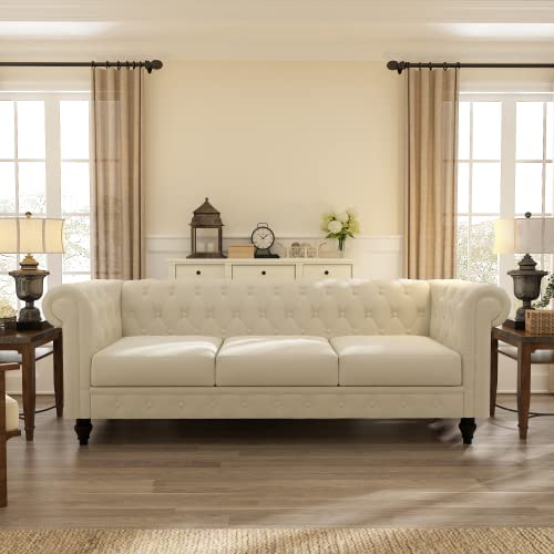 Modern Upholstered Tufted Button Loveseat Sofa with Rolled Arm, Velvet 3seat Classic Sofas, Large Living Room Furniture, for Compact Living Space, Apartment, Dorm, 88.19in W, Beige