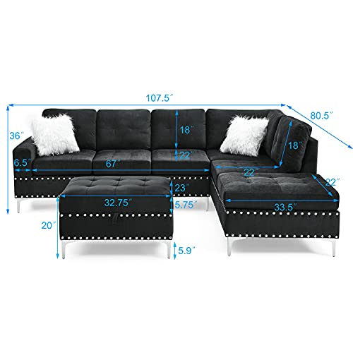 GAOFEIYANG 107.5” Sectional Sofa with Reversible Chaise, L-Shape Couch Living Room Furniture Set with Storage Ottoman and Cup Holders, Metal Legs and Copper Nails,Two White Villose Pillows, Black