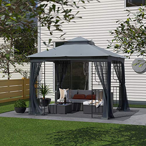 Garden Gazebo Polyester Fabric 10' x 10' Patio Backyard Double Roof Vented Gazebo Canopy with Mosquito Netting, Dark Gray