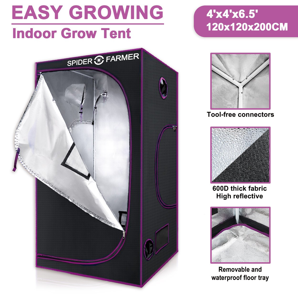 Spider Farmer 4' x 4' x 6.5' 120cm x 120cm x 200cm Indoor Grow Tent New