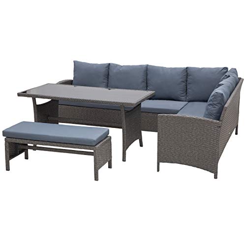 Outsunny 4 Piece Modern Outdoor Rattan Wicker Furniture Set with Dining Table Bench & Sofa for Patio & Backyard Grey
