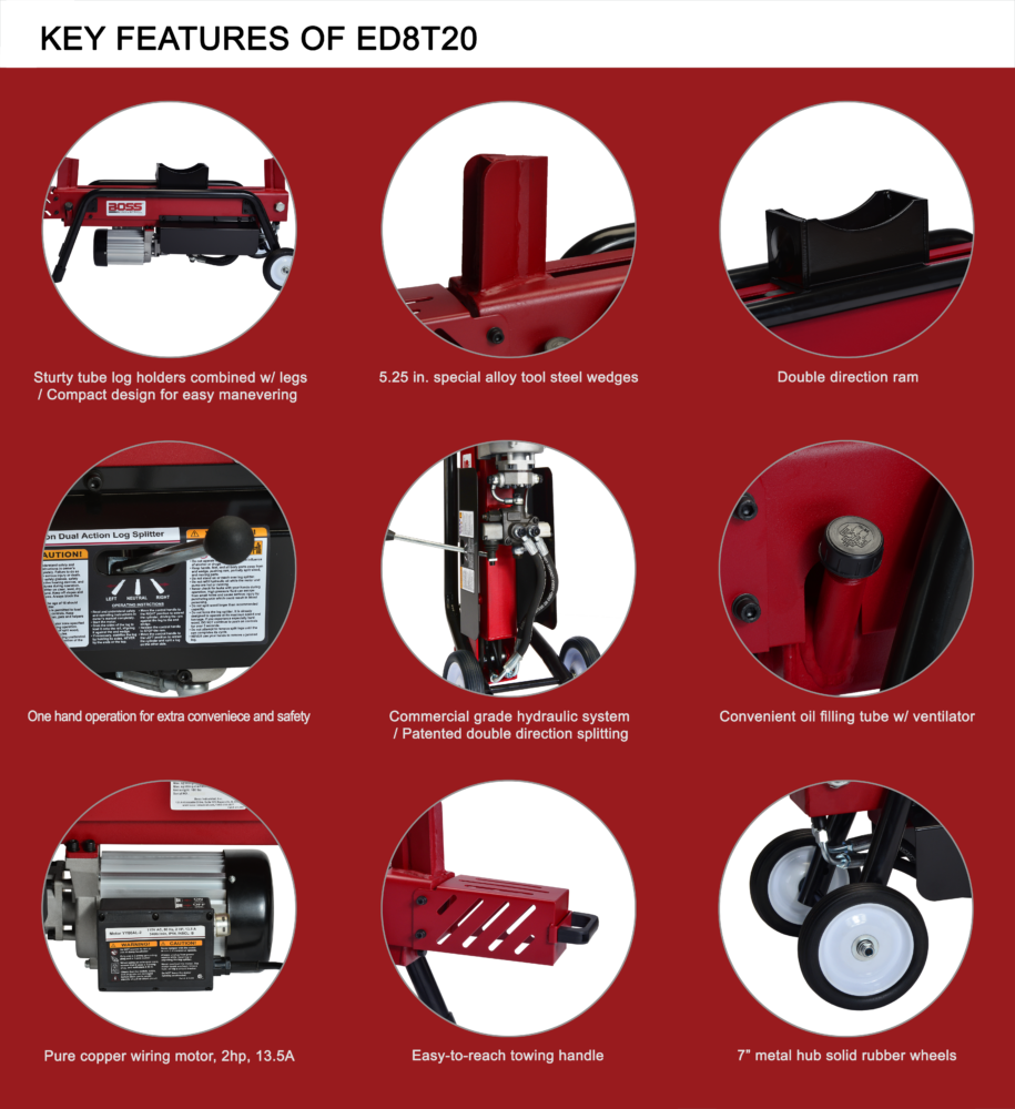 Boss Industrial ED8T20 Electric Log Splitter 115V 2 HP 8 Ton New