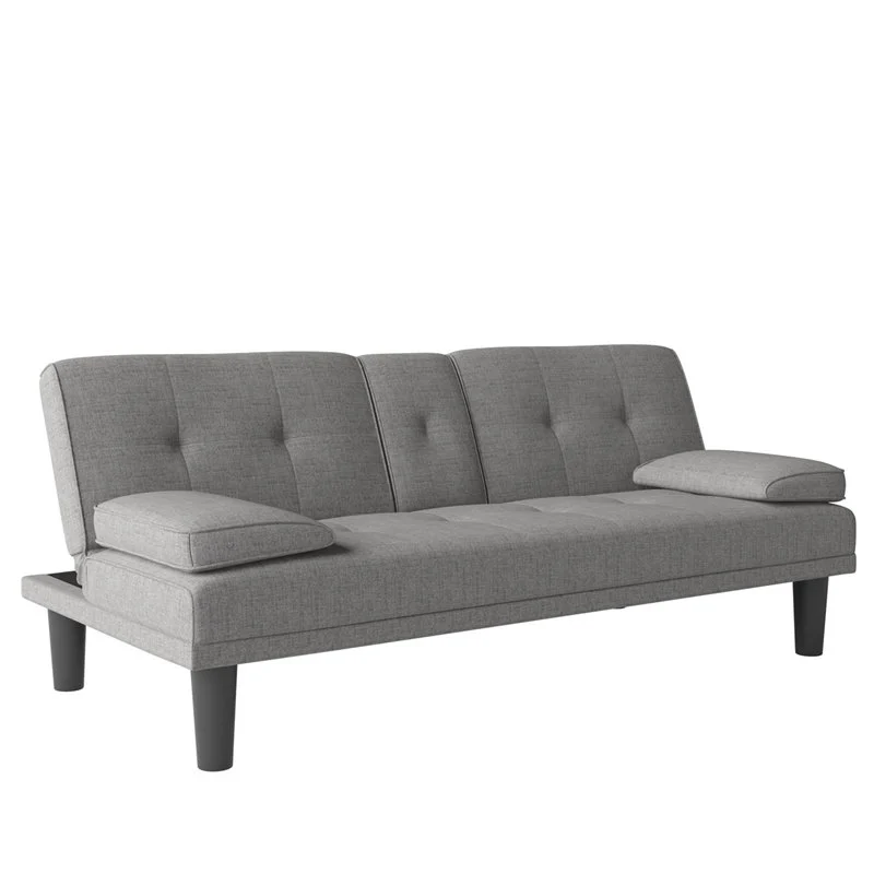 Marley Sofa Sleeper Cupholder Futon with 2 Pillows in Grey Linen