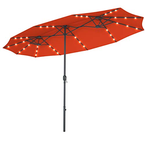 Tangkula 15 Ft Solar LED Patio Double-Sided Umbrella, Extra Large Umbrella w/ 36 Solar Powered LED Lights & Crank System, Outdoor Twin Umbrella for Garden, Deck, Poolside, Patio (Orange)
