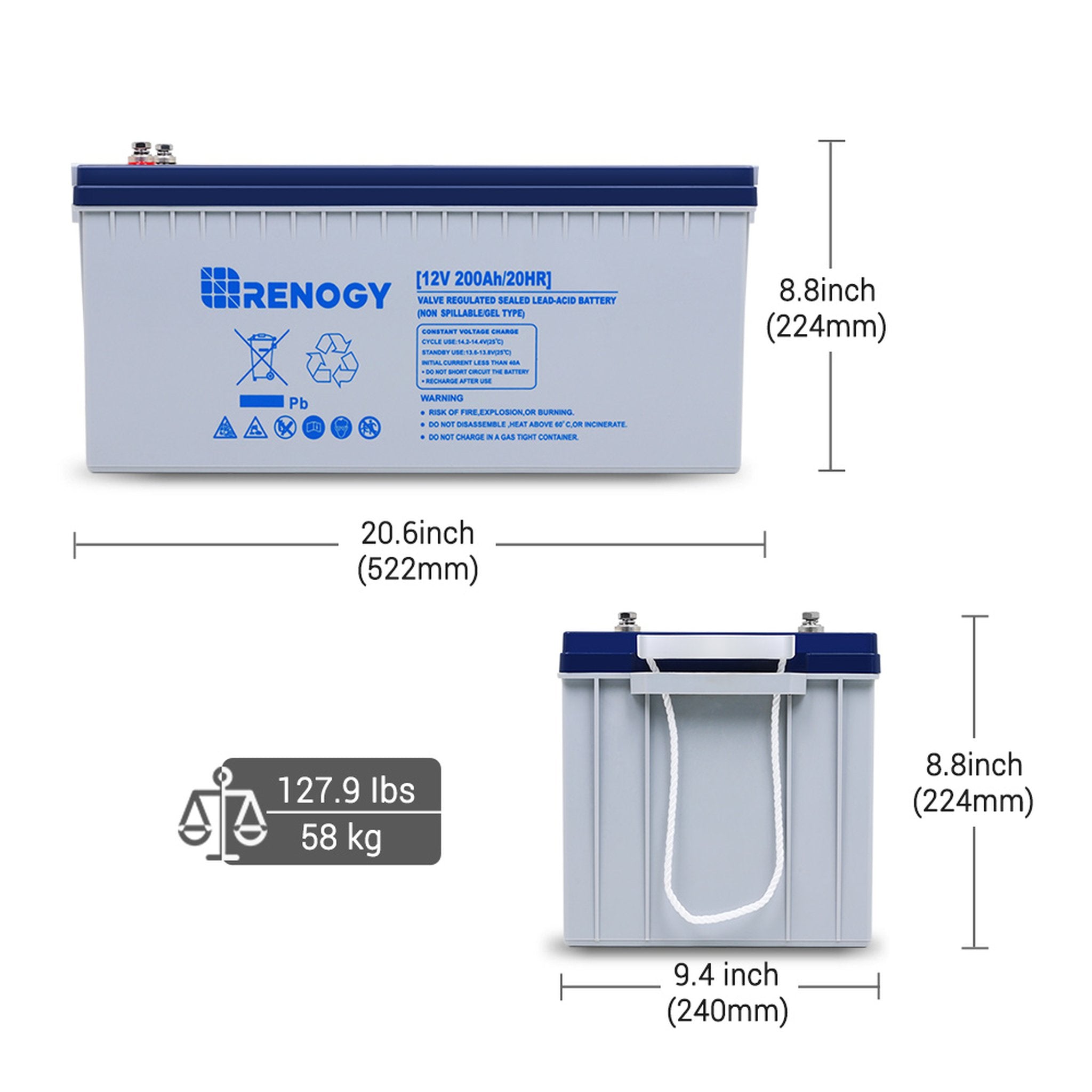 Renogy RBT200GEL12-US Deep Cycle Hybrid GEL Battery 12 Volt 200Ah New