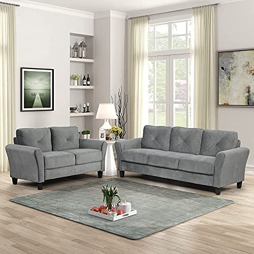 COODENKEY Modern Sofa Sets for Living Room 2 Piece,Tufted Upholstered Loveseat Couch Track Arm Classic Mid-Century for Home or Office (2+3 Seat), Grey