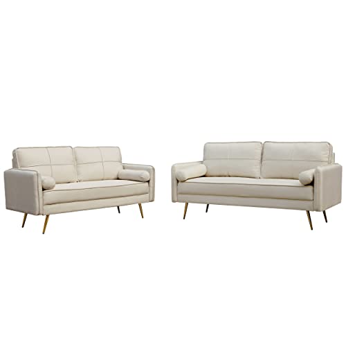 INSTORY Modern 2 Piece Sofa Set Velvet Loveseat & Sofa Set Tufted Loveseat & Couch Set Upholstered Living Room Furniture Set with Bolsters & Metal Legs for Living Room,Bedroom,Apartment,Dorm - Beige