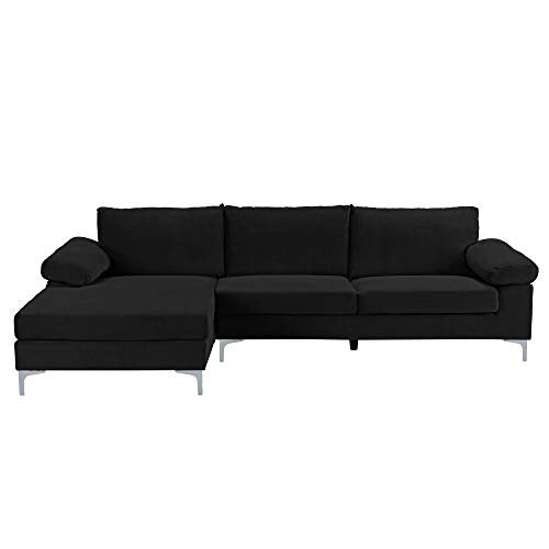 Casa Andrea Milano llc Modern Large Velvet Fabric Sectional Sofa, L-Shape Couch with Extra Wide Chaise Lounge, Jet Black