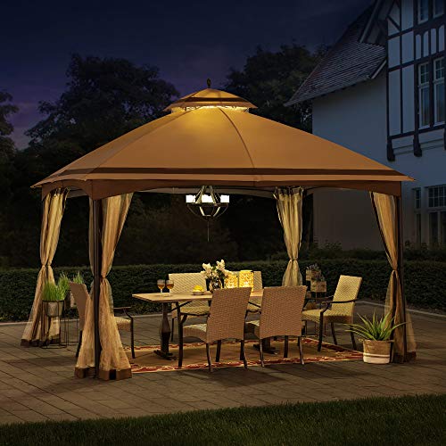 Sunjoy Pendleton 10.5 x 13 ft. 2-Tier Steel Gazebo, Tan & Brown