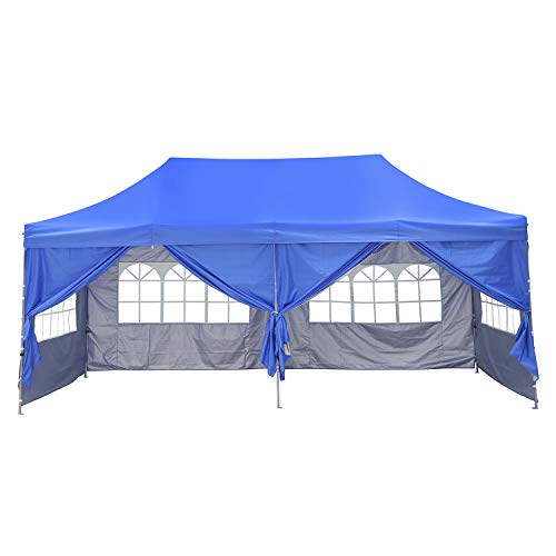 10ft x20ft Pop Up Canopy Tent， OVASTLKUY Outdoor Party Gazebo Pavilion with Sided Cloth (Blue with 6 Sided Cloth)