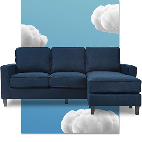 Serta Harmon Square Arm Reversible Sectional Sofa Living Room, Modern L-Shaped 3 Seat Fabric Couch, Dark Blue