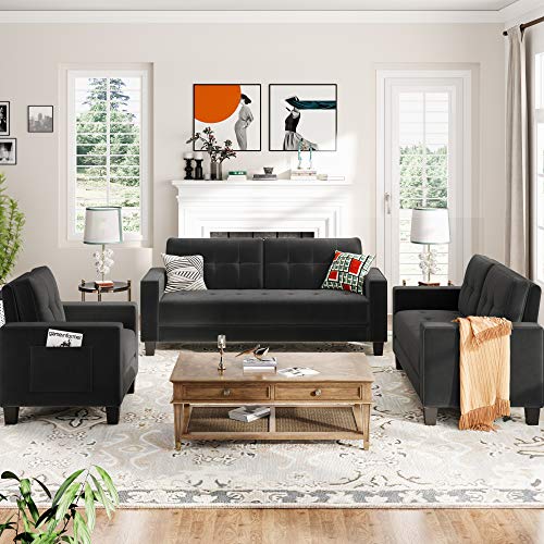 Harper & Bright Designs 3-Piece Living Room Sectional Sofa Set with Side Pockets, Modern Style Button Tufted Velvet Upholstered Armchair Loveseat Sofa and Three Seat Sofa Set Sectional Couch, Black