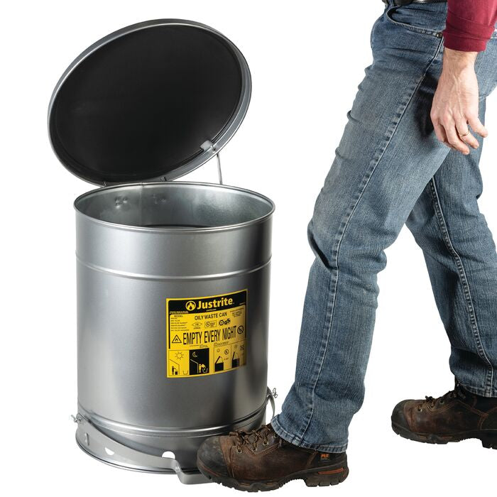 Justrite Oily Waste Can, 14 Gallon, Foot-Operated Self-Closing SoundGard™ Cover, Silver