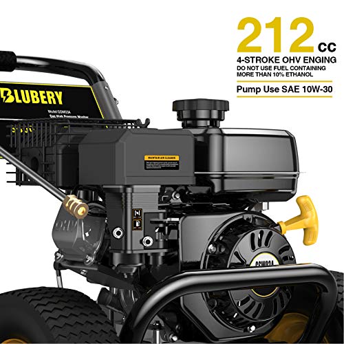 BLUBERY 3600 PSI & 2.7 GPM Gas Pressure Washer, Heavy Duty Power Washer, 50Ft High Pressure Hose&Soap Tank, 5 Adjustable Nozzles, CARB Compliant,Black