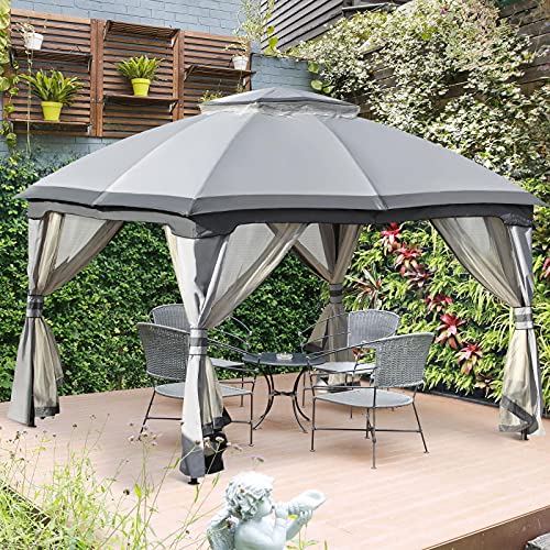 12' x 10' 2-Tier Outside Pergola Canopy w/ Steel Frame and Arched Roof Beige Outdoor Furniture Patio Furniture Gazebos for patios Pop up Canopy Tent Tents for Parties Canopy Tent Outdoor Patio