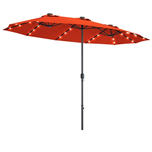 Tangkula 15 Ft Solar LED Patio Double-Sided Umbrella, Extra Large Umbrella w/ 36 Solar Powered LED Lights & Crank System, Outdoor Twin Umbrella for Garden, Deck, Poolside, Patio (Orange)