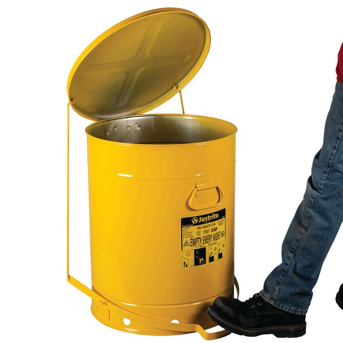 Justrite Oily Waste Can, 21 Gallon, Foot-Operated Self-Closing Cover, Yellow
