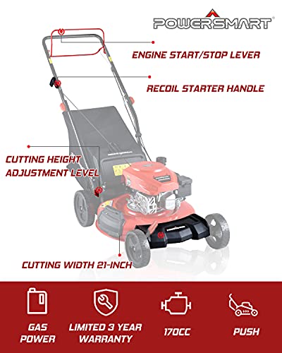 PowerSmart Lawn Mower, 21-inch Gas Powered Push Lawn Mower, 170CC 4-Stroke Push Mower, 3-in-1 Gas Mower, 5 Adjustable Heights (1.18''-3.0'' ), DB2194PR