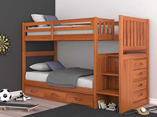 Discovery World Furniture Mission Twin Over Twin Staircase Bunk Bed with 3 Drawers in Honey Finish