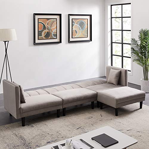 106'' Velvet Reversible Sectional Sofa Sleeper Sofa Bed with Plastic Legs(Light Grey)