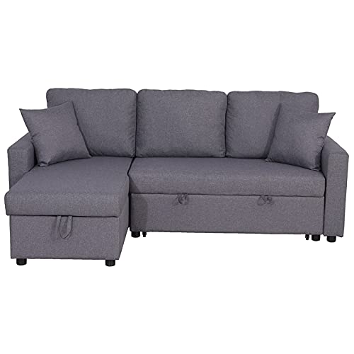 Kingway Furniture Hemus Linen Blend Reversible Sectional Sleeper Sofa with Pillows in Gray
