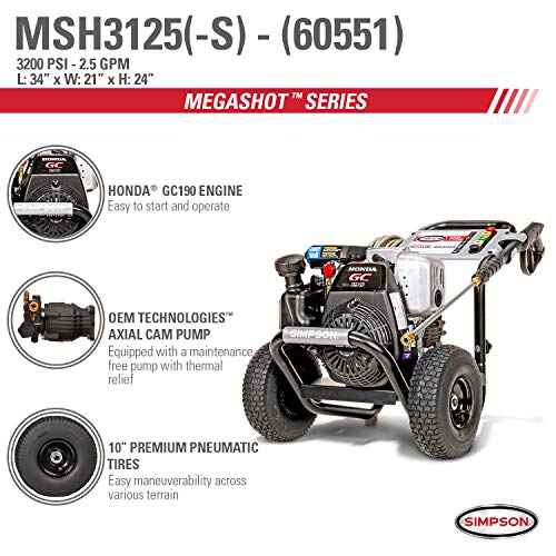 Simpson Cleaning MSH3125 MegaShot Gas Pressure Washer Powered by Honda GC190, 3200 PSI at 2.5 GPM, black