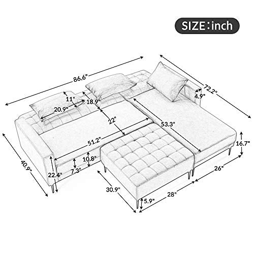 Orisfur. Sectional Couch with Three Pillows, L-Shape Upholstered Sofa Bed with Modern Elegant Velvet for Living Room Apartment (Grey)