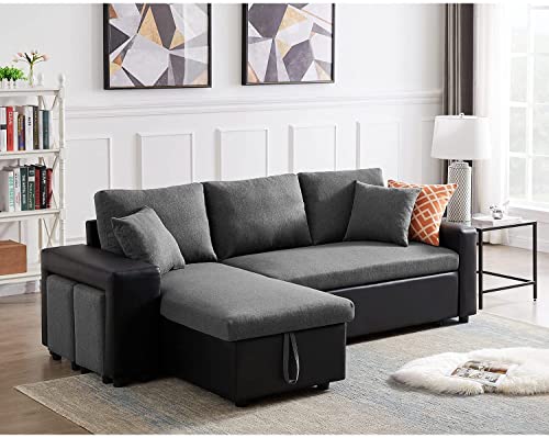 GAOPAN 92.5'' Sectional Sofa Convertible Pull-Out Sleeper Couch Bed, L-Shaped Linen Fabric Sofá w/Reversible Storage Chaise Lounge and 2 Stools Steel for Living Room Office Furniture Set, Drak Gray
