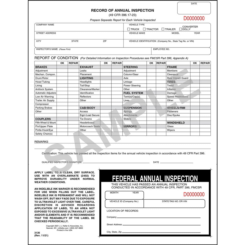 JJ Keller Record of Annual Inspection with Inspection Decal, Personalized (1,000 pcs.)