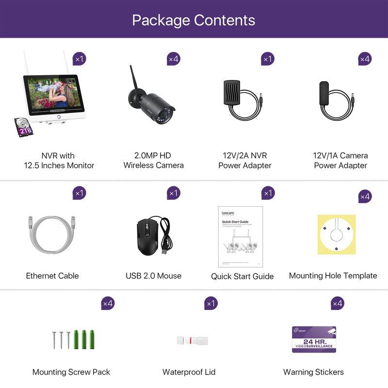 Loocam Ultra-Long Distance 8-Channel Wireless Security Camera System 1080P 2TB HDD 12.5 In. Monitor And 4 Two-Way Audio Cameras New